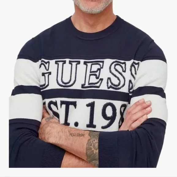 GUESS Men's Navy and White Sweater